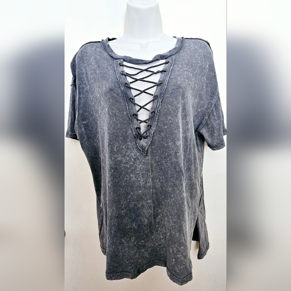 Free People Tops Free People Lace Up Tshirt Oversized Tunic Wash Blue Size S